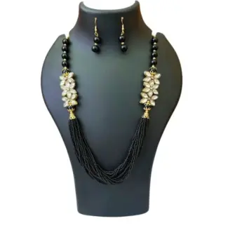Black Beaded Saree Maala with Earrings