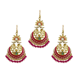 Pink Color Artificial Kundan Beads Earring with Tikka