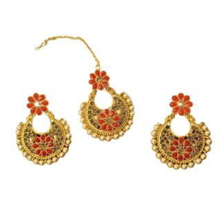Blue/Orange Kundan Earrings with Tikka