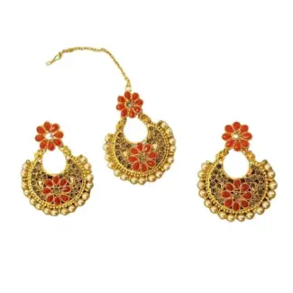 Blue/Orange Kundan Earrings with Tikka