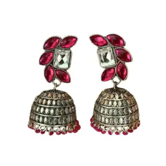 Oxidised Jhumka with Pink/Red Artificial Stones