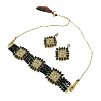 Gold Toned Studded Kundan Black Beads Squared shaped  Choker Necklace