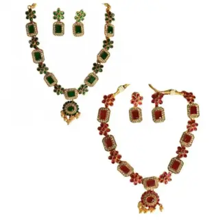 Squared and Floral Designed Necklace (Haram) Set Paired With Earrings