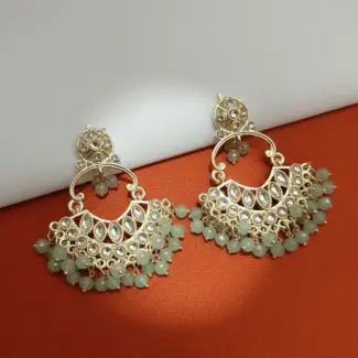 Muted Green Beaded Kundan Earrings