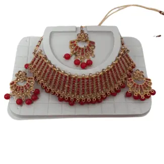 Red and white stone in Gold coloured Necklace with Earrings and Tikka