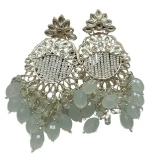 Light Cloud Gray Beaded Kundan Chandelier Earrings