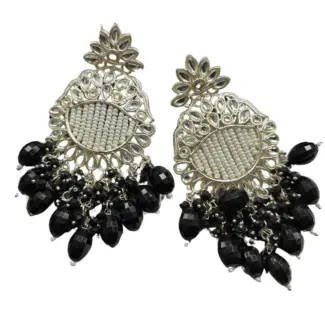 Black Beaded Kundan Chandelier Earrings