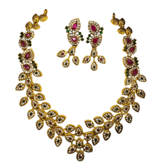 Gold Finish Leaf Design Necklace with Earrings