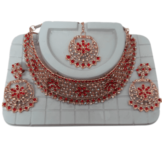 Red and White with Gold Necklace set with Tikka & Earrings
