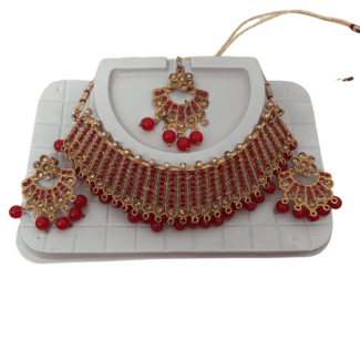 Red and white stone in Gold coloured Necklace with Earrings and Tikka