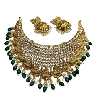 Stone with Green beads Temple Necklace and jhumka