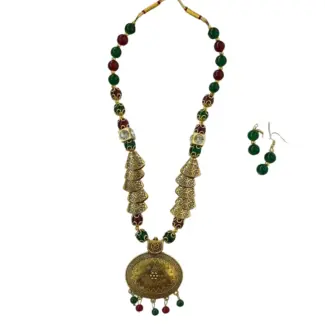 Maroon,Green and Gold Beads Mala and Earrings