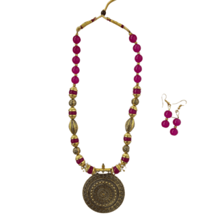 Pink and Gold Beads Mala and Earrings