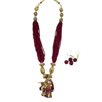 Multilayered Maroon beads with Krishna and Radha designed Mala and Earrings