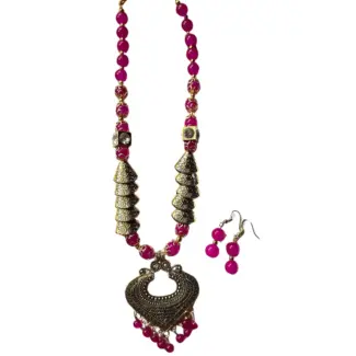 Pink & Gold Beads Maala with Earrings