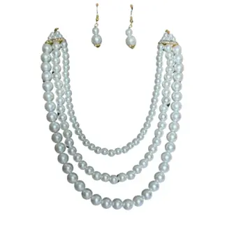 Three layer white pearl Mala and Earrings