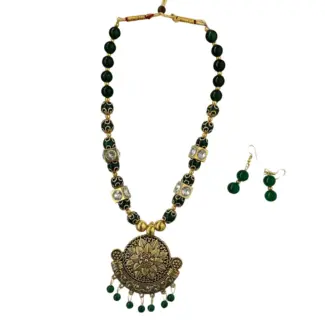 Green and Gold Beads Mala and Earrings