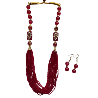Red Multilayer Beads Maala & Earrings