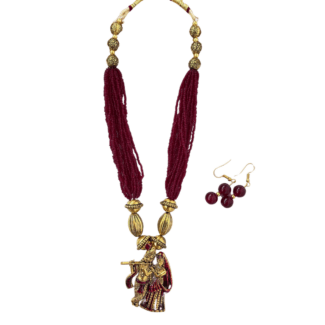 Multilayered Maroon beads with Krishna and Radha designed Mala and Earrings