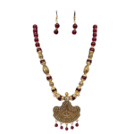 Maroon and Gold Beads Mala and Earrings