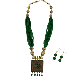 Green Multilayer Beads Mala and Earrings