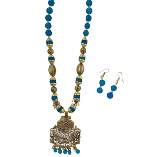 Sky Blue and Gold Beads Mala and Earrings