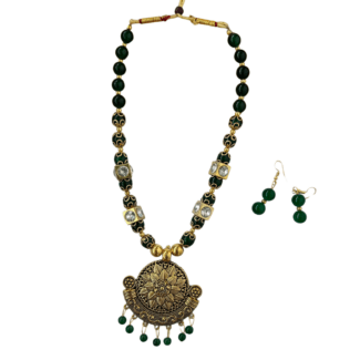Green and Gold Beads Mala and Earrings