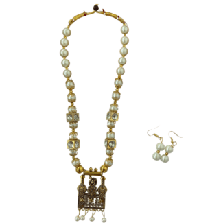 White and Gold Beads Mala and Earrings