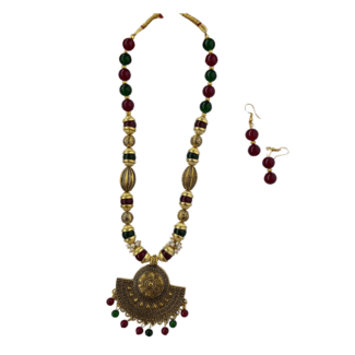 Green,Maroon and Gold Beads Mala and Earrings