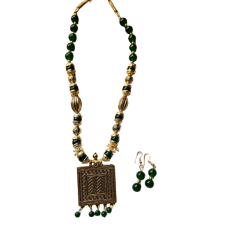 Green and Gold Beads Mala and Earrings