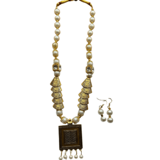 White and Gold Beads Maala with Earrings