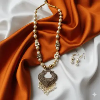 White and Gold Beads Maala with Earrings