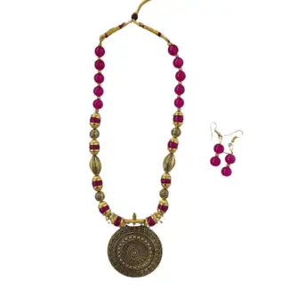 Pink and Gold Beads Mala and Earrings