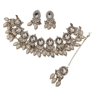 White stone Necklace Set with Earrings & Tikka