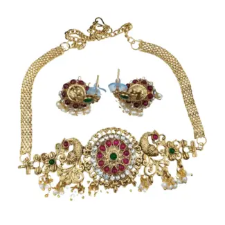 High Neck Choker with Jhumka – Green & Pink