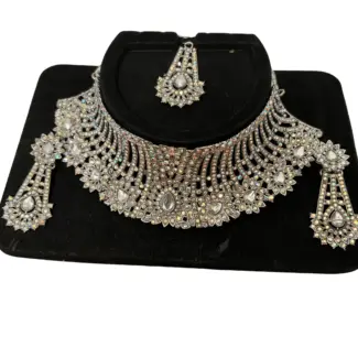 White Stone Bridal Necklace Set with Tikka
