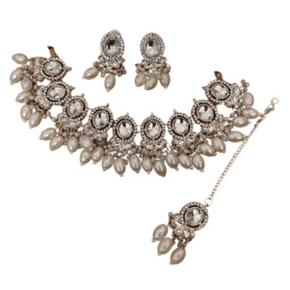 White stone Necklace Set with Earrings & Tikka