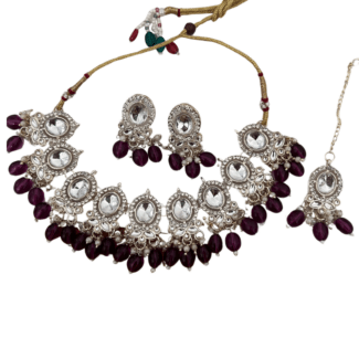 Purple Beads Necklace Set with Earrings & Tikka
