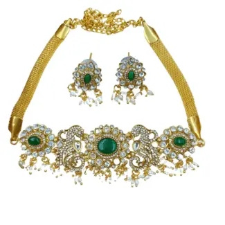 White & Green stone work Highneck Choker set