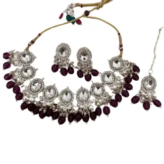 Purple Beads Necklace Set with Earrings & Tikka