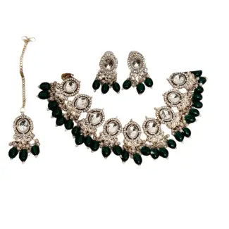 Green Beads Necklace Set with Earrings & Tikka