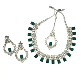 Green & White stone Necklace set With Earrings & Tikka