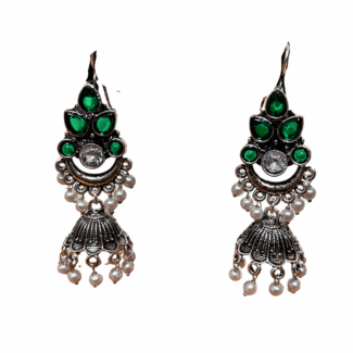 Hook type Silver jhumka with Green stone