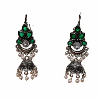 Hook type Silver jhumka with Green stone