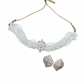 Multi-layer White Beads Choker with Earrings
