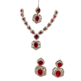 Red stone Necklace with Earrins and Tikka