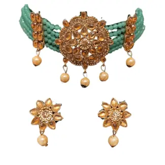 Green bead with Gold Choker and Earrings