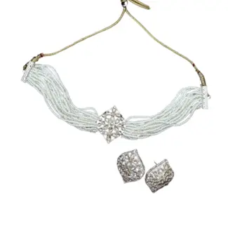 Multi-layer White Beads Choker with Earrings