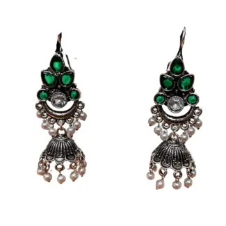 Hook type Silver jhumka with Green stone