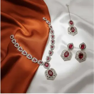 Pink stone Necklace with Earrins and Tikka